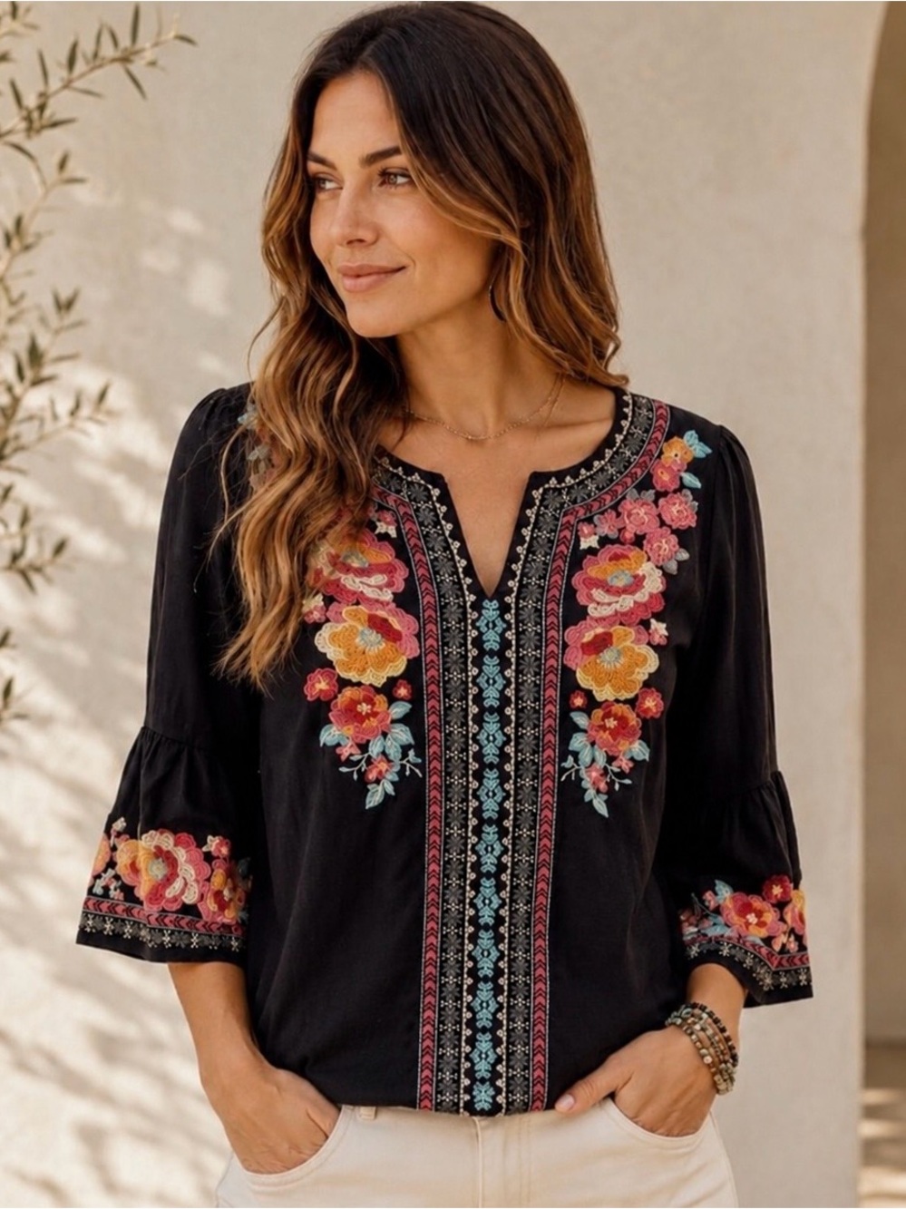 Savanna Jane Black Embroidered Boho Peasant Top Floral Rayon Blouse Size Small